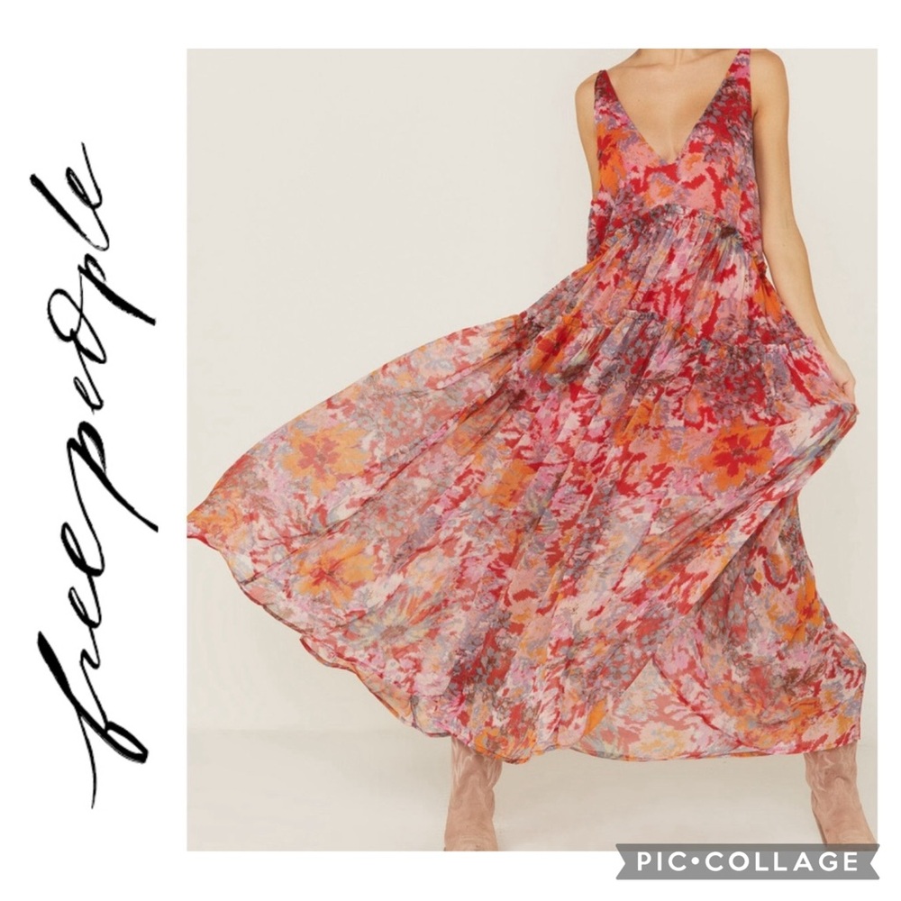 🦋Free People Juliana Tiered Flowy Abstract Chiffon Cherry Combo Maxi Dress🦋